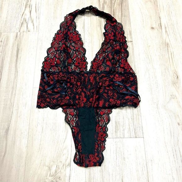 Vintage Y2K Fredericks of Hollywood red black low cut lace teddy sz L stretchy - Picture 5 of 15